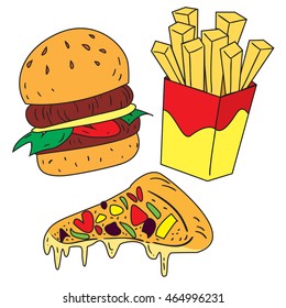 Vector illustration of fast foods, burger, french fries and pizza in colored doodle style