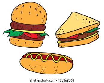 Vector illustration of fast foods, burger, sandwich and hot dog in colored doodle style