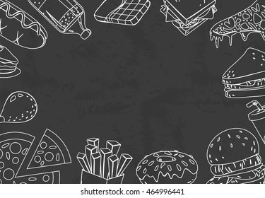 Vector illustration of fast foods in chalk doodle drawing style with blank space in the middle