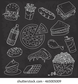 Vector illustration of fast foods, chalk drawing doodle on blackboard