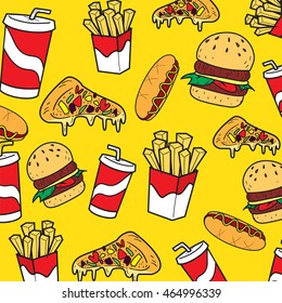Vector illustration of fast foods in colored doodle style