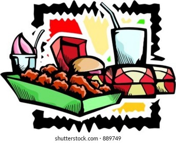 A vector illustration of fast foods including hamburgers, drink, chicken-legs and ice cream.