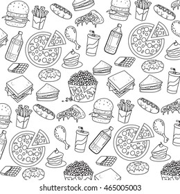 Vector illustration of fast foods in outlined doodle style