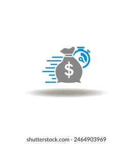 Vector illustration of fast move bag money with stopwatch. Icon of easy loan. Symbol of quick credit.