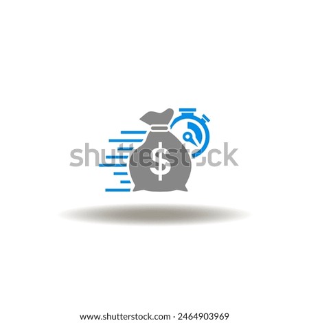 Vector illustration of fast move bag money with stopwatch. Icon of easy loan. Symbol of quick credit.