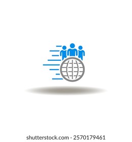 Vector illustration of fast moving earth globe and people groupe. Symbol of population growth. Demographic icon.