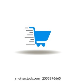 Vector illustration of fast moving shopping cart. Symbol of shopping. Icon of online retail.