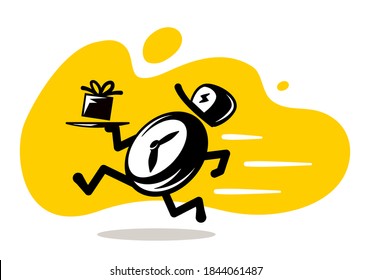 Vector illustration of fast running time, delivery alarm clock character with parcel on tray on white background