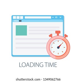 Vector illustration of fast web page & website design - browser technology. " loading time " computer page template. performance data concept