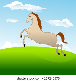 Vector illustration of fastest horse galloping across the field on background of blue sky with clouds