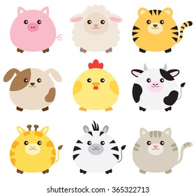 Vector illustration of fat animals including pig, sheep, tiger, dog, chicken, cow, giraffe, zebra and cat.