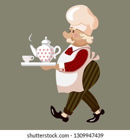 vector illustration with fat baker and teapot and cup  on grey background