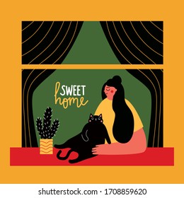 Vector illustration with fat black cat, long hair young woman, cactus plant and window. Sweet home lettering phrase. Colored typography poster with animal, cute greeting card design