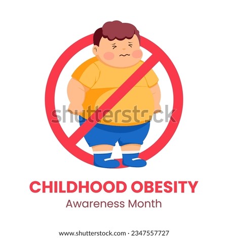 Vector illustration of Fat boy cartoon with red cross sign good for national childhood obesity awareness month
