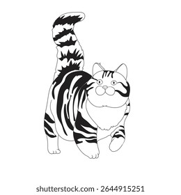 Vector illustration of a fat cat with black and white tabby stripes in a cute pose. Ideal for coloring pages, pet designs, minimal line artwork, or kids' animal illustrations.
