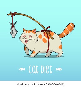 Vector Illustration Fat Cat Diet, Fat cat running for fish