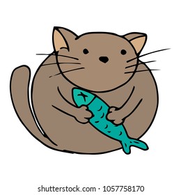 Vector illustration of a fat cat with a fish in its paws. Hand drawn cartoon funny cat with fish.