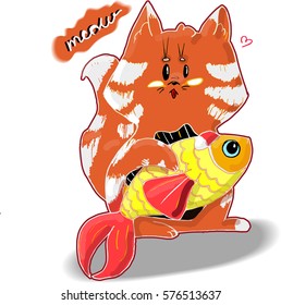 Vector illustration of a fat cat with fish