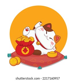 Vector illustration of a fat cat with a tricolor with a raised paw, sitting on a pillow, maneki neko, symbol of luck, wealth and well-being.