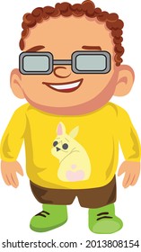 A vector illustration of a fat cute chubby kid wearing a yellow illustrated shirt paired with eye glasses and green shoes 