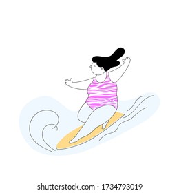 Vector illustration of a fat cute surfer girl.Modern flat design isolated on white background.