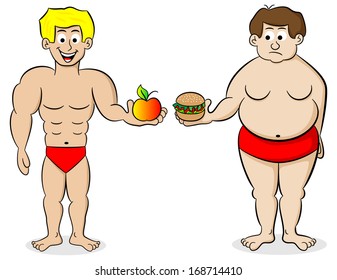 vector illustration of a fat and a fit man and their diet