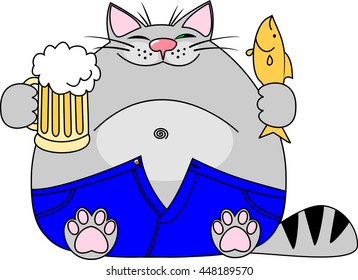 Vector illustration fat funny gray cat with a big beer belly wearing blue jeans holds a mug of beer and a fish in hand and smiles happily