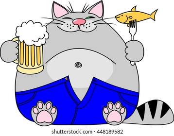 Vector illustration fat funny gray cat with a big beer belly wearing blue jeans holds a mug of beer and a fish impaled on a fork and smiles happily