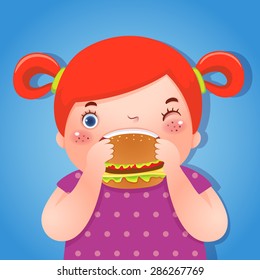 A vector illustration of fat girl eating delicious hamburger