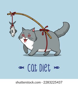 Vector Illustration Fat Grey-White Cat Diet, Fat cat running for fish