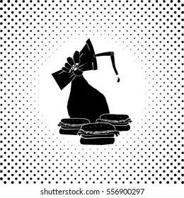 Vector illustration of a fat hand grabbing a soda cup over hamburgers for the health concept: Fast Food diet culture.