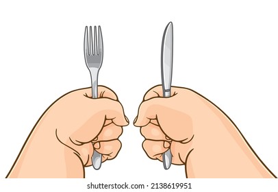Ilustración vectorial de la mano grasa que contiene cuchillo de plata, tenedor, cubiertos o utensilios de cocina, aislados en blanco, vista superior, espacio de copia, dieta, pérdida de peso, comida saludable, deliciosa, cultura occidental en el uso de utensilios de comida.