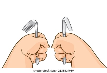 Vector illustration of fat hands holding bent silver knife and fork,cutlery or kitchenware,angry,hungry,on white,copy space,diet,weight loss,healthy eating,Western culture in using food utensils.