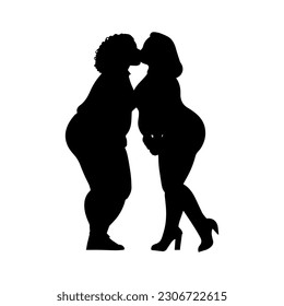 Vector illustration. Fat lgbt woman silhouette kiss. Partner.