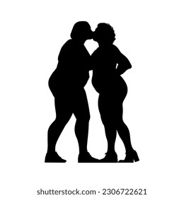 Vector illustration. Fat lgbt woman silhouette kiss. Partner.