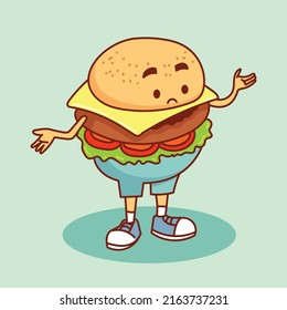 vector illustration of a fat looking burger character. he looks gloomy.