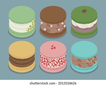 ilustración vectorial de los macarones grasos con varios toppings