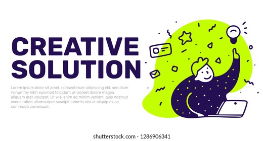 Vector illustration of fat man with laptop, light bulb and text space on white background with header creative solution. Line art style template design for web, site, banner, presentation