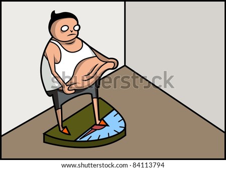 Vector illustration: Fat man looks confused because of his own weight