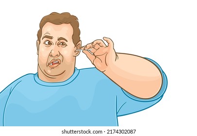 Vector illustration of fat man was picking his ears with cotton swab,putting hygienic swab,cotton buds into his ear,isolated on white,Auditory,Ear infection,Cleanliness in ear canal for obese people.