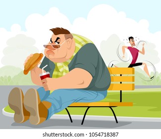 Vector illustration of a fat man and sportsman