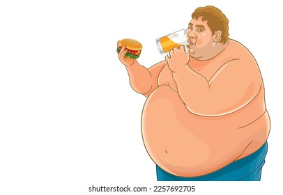 Vector illustration of fat men without shirt drinking beer and eating hamburger,loves alcohol, like junk food,isolated on white background,Healthy,Diet,Weight loss,Obesity.