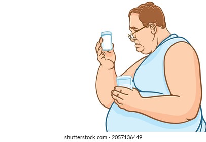 Vector illustration of fat middle-aged man wearing glasses, holding glass of water, reading label on prescription bottle, on white background, Medicine and health care for obese people concepts