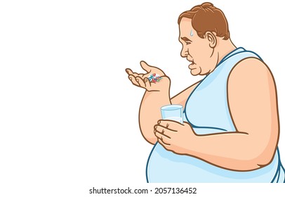 Vector illustration of fat middle-aged man worried about drug abuse, having to take too many multi-colored pills, on white background, Medicine and health care for obese people concepts