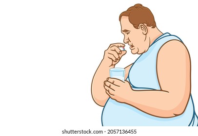 Vector illustration of fat middle-aged man taking vitamin pill, medicine or capsule with glass of water for health care, on white background, Medicine and health care for obese people concepts