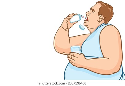 Vector illustration of fat middle-aged man pouring pills from pill bottle into mouth, overdosing on prescription drugs, on white background, Medicine and health care for obese people concepts.