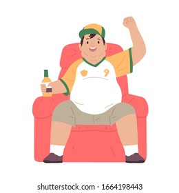 vector illustration of fat or obese man sitting on a couch holding a bottle of cold beer