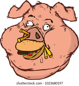 Vector Illustration Of A Fat Pig Eating Hamburger And French Fries