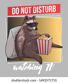 Vector illustration of fat raccoon sitting, eating popcorn and watching TV. Funny poster of relaxing raccoon