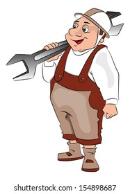 Vector illustration of fat repairman carrying a big spanner.